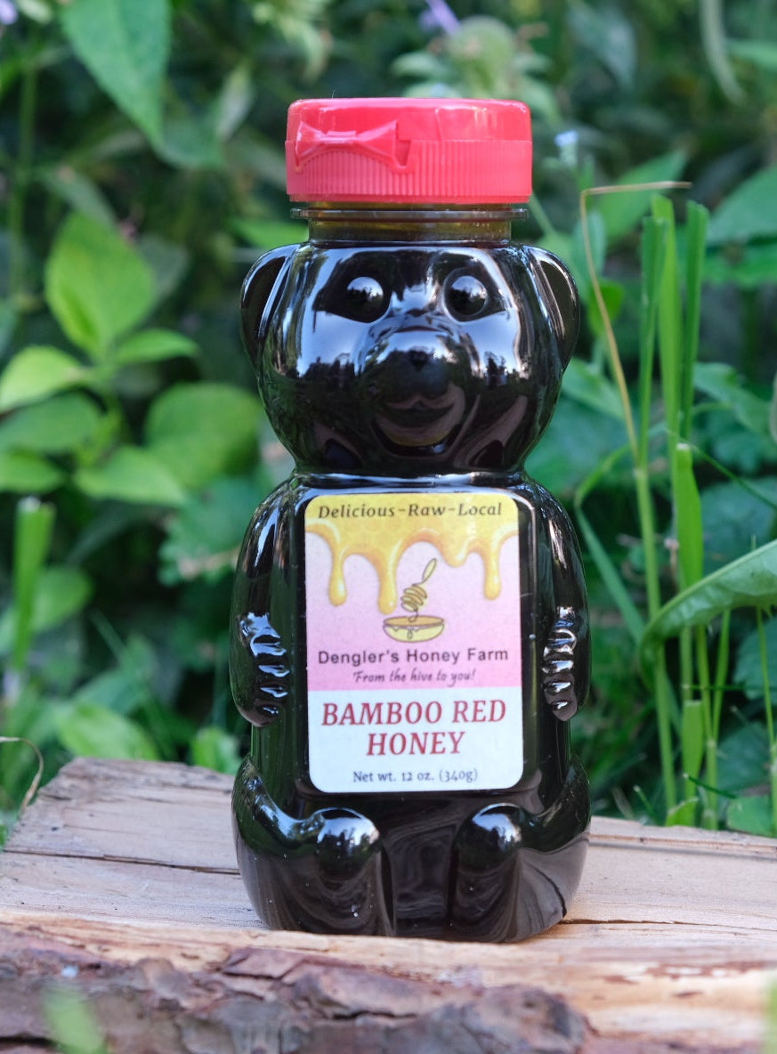 A bottle of Bamboo Red Honey shaped like a bear, sitting on a rustic wooden log with a lush green garden background. The bear-shaped bottle is glossy black with a red cap and a white label.