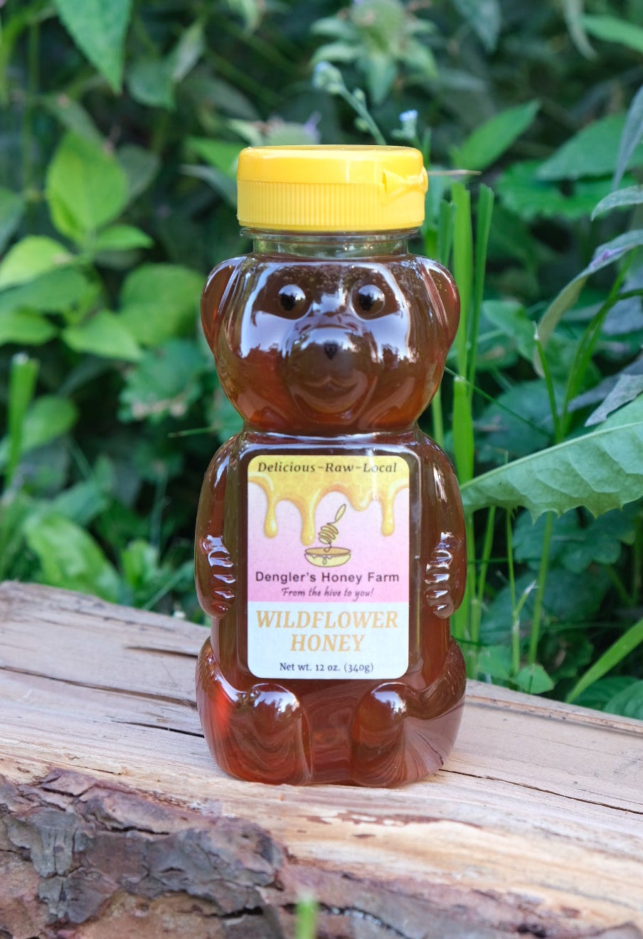 A bear-shaped plastic honey bottle filled with amber honey, featuring a yellow cap and a label that reads 'Pure Unfiltered Honey', resting on a tree trunk with green foliage in the background.